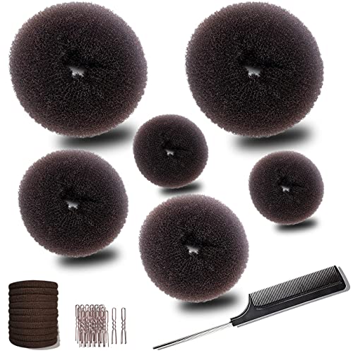 MeetFavorite Hair Bun Maker，Donut Bun Maker，Hair Bun Shaper Set (2 large, 2 medium and 2 small) ，10pieces Hair Elastic Bands, Hair Pins, (Brown)