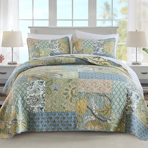 NEWLAKE Bedspread Quilt Set with Real Stitched Embroidery, Bohemian Floral Pattern,King Size