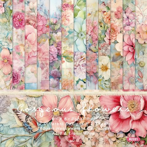 YASMEN 24 Sheets Scrapbook Paper Pads, 6X6 Single-Sided Cardstock Paper, Decorative Craft Paper, Flowers Pattern Paper Pack, DIY Decopodge Papers, Journal Scrapbooking Supplies, Card Making Supplies