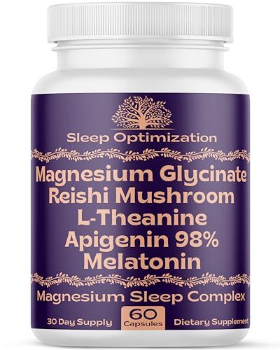 Natural Sleep Aid with Magnesium Glycinate 500mg Reishi Mushroom 350mg L-Theanine 300mg Apigenin 50mg Melatonin 3mg - Magnesium Sleep Supplement for Sleep Support, Deep Sleep - 60 Capsules Made in USA