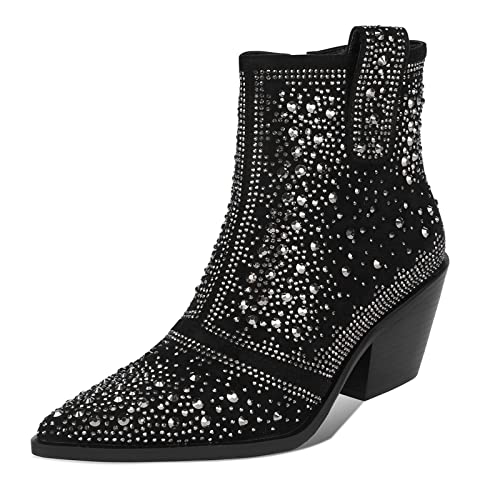 ISNOM [Rhinestone Cowboy [Boot]s for Women, Sparkly, Short, Black Ankle [Boot]s Block Heel Western Glitter [Boot]ies Crystal [Rhinestone] Combat [Boot]s