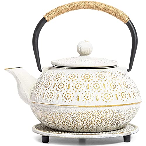 Juvale 3 Piece Set White Japanese Cast Iron Teapot - Loose Leaf Tetsubin with Handle, Stainless Steel Infuser, and Trivet (27 oz, 800 ml)