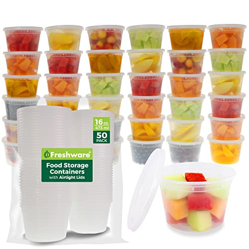 Freshware Food Storage Containers [50 Set] 16 oz Plastic Deli Containers with Lids, Slime, Soup, Meal Prep Containers | BPA Free | Stackable | Leakproof | Microwave/Dishwasher/Freezer Safe