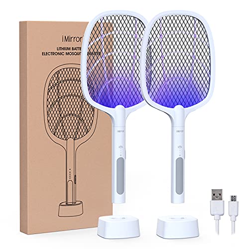 iMirror Bug Zapper Racket, 2 in 1 Rechargeable Electric Fly Swatter, Mosquito Swatter for Indoor and Outdoor (2 Pack, 1800 mAh)