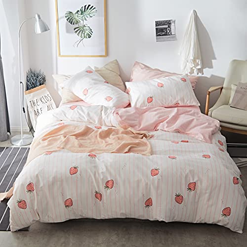 AOJIM Duvet Cover Set Pure Cotton Women Girl Cute Quilt Cover Kawaii Strawberry Bedding Set 3 PCS 1 Queen Comfy Comforter Cover 2 Pillowcases, Valuable Gift for Baby Teens Adults Queen, no Comforter