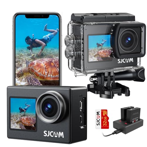 SJCAM Upgraded SJ4000 4K30FPS WiFi Action Camera Dual Screen Ultra HD 30M Underwater Camera 170° Wide-Angle Waterproof Camera with 2 Batteries, SD Card and Accessories Kits for Helmet Bicycle