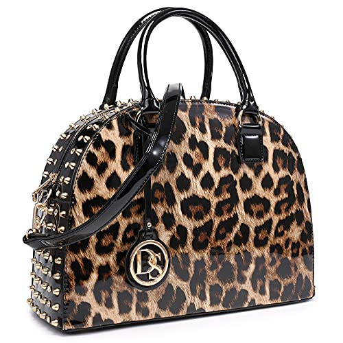 Dasein Women Patent Leather Purses Handbags Dome Satchel Purse Work Tote Structured Shoulder Bag with Long Strap (Leopard)