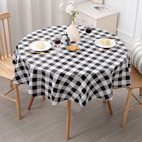 misaya Round Buffalo Plaid Vinyl Flannel Backed Tablecloth, 100% Waterproof Wipeable Checkered Table Cloth for Dinner, Kitchen, Picnic (60' Round, Black and White)