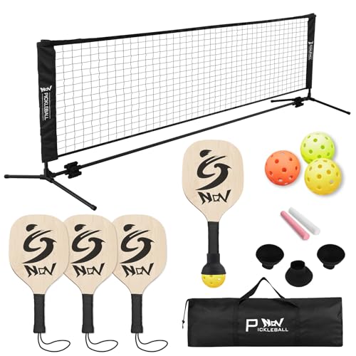 NQV Pickleball Set with Net,10FT Half Court Size Pickleball Net Portable Outdoor Indoor Driveway Home+4 Wood Paddles+4 Pickle Balls+4 Ball Retrievers, Pickleball Set for Adults Kids Beginners Pros