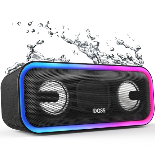 Bluetooth Speaker, DOSS SoundBox Pro+ Wireless Pairing Speaker with 24W Stereo Sound, Punchy Bass, IPX6 Waterproof, 15Hrs Playtime, Multi-Colors Lights, for Home,Outdoor-Black