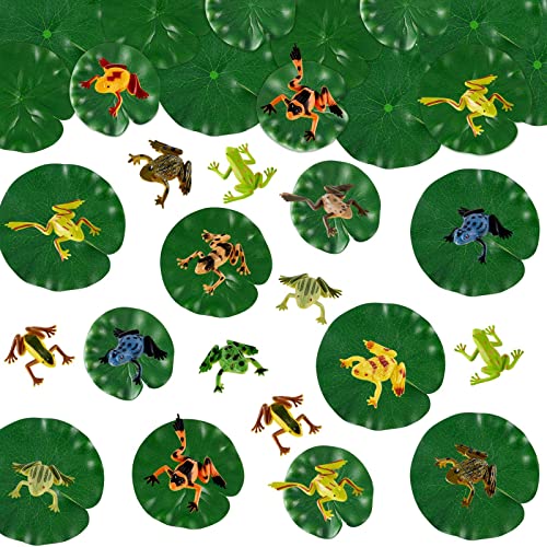 Hungdao 48 Pieces Mini Plastic Frog Toys and Artificial Lily Pads, Include Colorful Realistic Frogs Rainforest Animals Figures Character Toys and Floating Foam Leaves for Pool Decor Party Favor