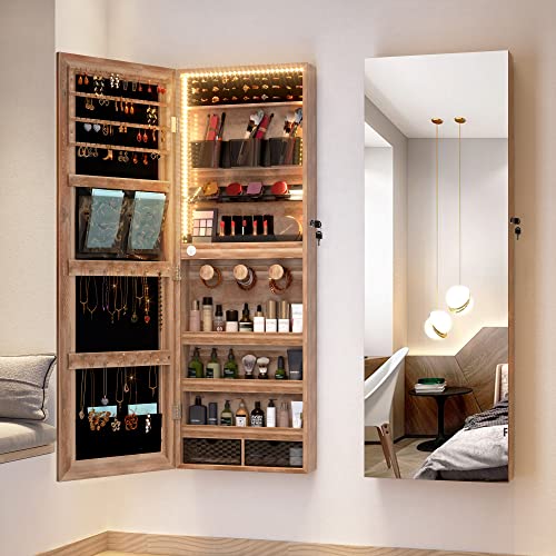 LVSOMT Hanging/Over the Door Mirror Jewelry Cabinet with LED Lights, Lockable Jewelry Armoire Organizer, Mirror with Jewelry Storage, Brown