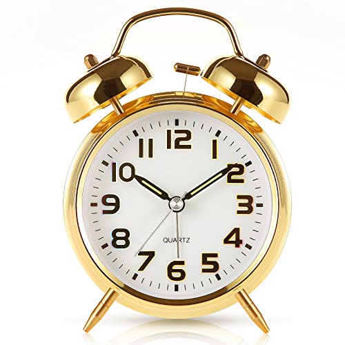 Super Loud Alarm Clock for Heavy Sleepers,4 inches Twin Bell Alarm Clock with Backlight,Battery Operated,Silent Non Ticking,for Kids,Adults,Bedrooms,Retro Decor Desk Analog Clocks. (Golden)