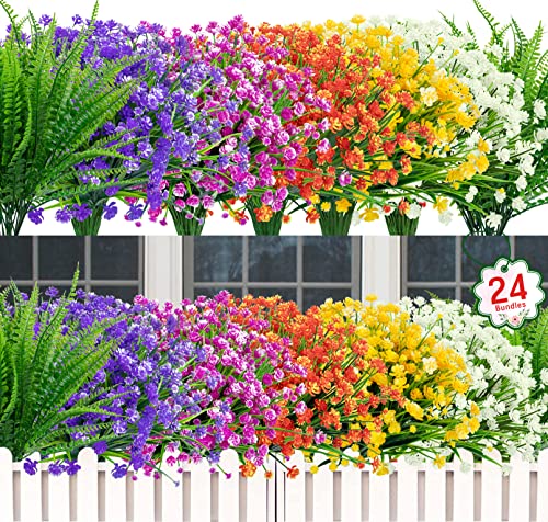 24 Bundles Artificial Flowers for Outdoor Decoration UV Resistant Fake Plastic Plants Faux Boston Fern Artificial Greenery for Summer Indoor Outdoor Garden Patio Window Box Kitchen Home Decor