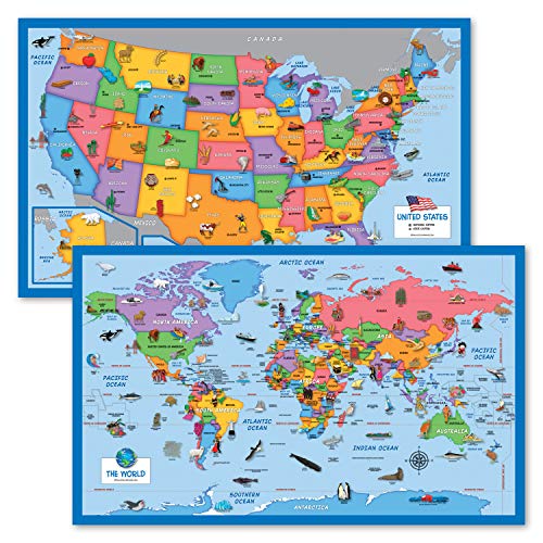 2 Pack - World & USA Map for Kids [Illustrated] - 2 Poster Set (LAMINATED, 18' x 29')