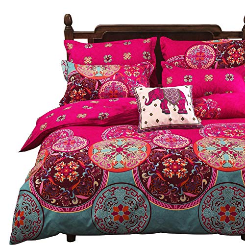 Vaulia Boho Bedding Set Exotic Patterns Design, Lightweight Microfiber Queen (Double) Duvet Cover Set, Bright Pink 3-Piece Set