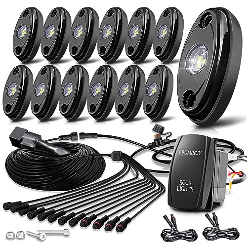 LEDMIRCY R1 Pure White LED Rock Lights Kit with Roker Switch Wire Harness 12PCS High Power Rock Lights White for Jeep Trucks Off Road ATV UTV SUV Underglow Trail Rig Lights Under Body Waterproof Light