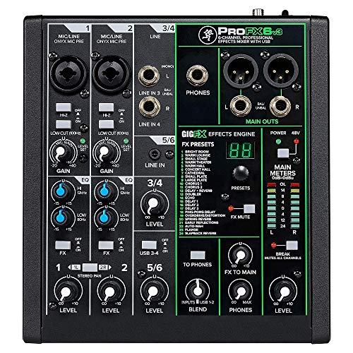 Mackie ProFX6v3, 6-Channel USB Mixer with Onyx Mic Preamps, GigFX Motor, 24 Built-in FX, 2x4 USB I/O, 24bit/192kHz Recording, Phantom Power, and Independent Headphone Output