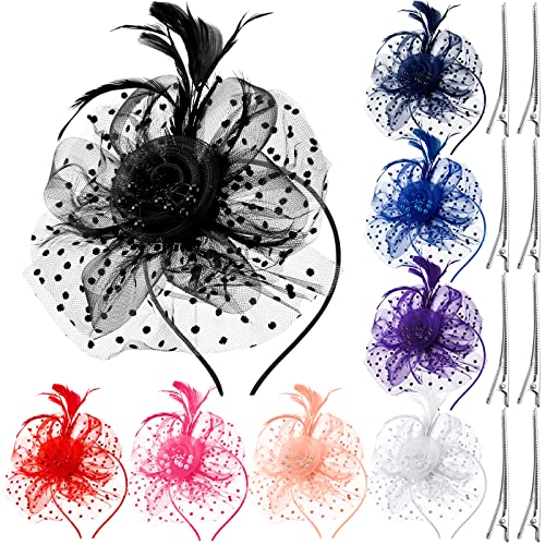 8 Pcs Fascinators Hat Flower Mesh Tea Party Hat Fascinator Veil Headband for Women Girls Party Wedding (Classic Color)