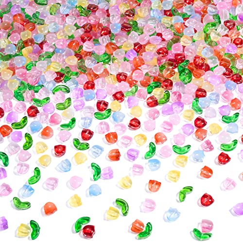 PAGOW 160PCS Tulip Flower Beads Glass Translucent Bracelet Beads Colorful Handcrafted Crystal Loose Glass Beads for Spring Summer Valentines Wedding DIY Jewelry Making Gifts