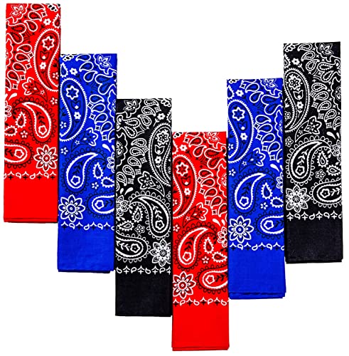 EVERY-VILLE Where EVERYone is Welcome 6-Pack Large Cotton Bandanas for Men - Paisley, 22x22 In, Red Black Blue - Cowboy Head Handkerchief Pocket Squares