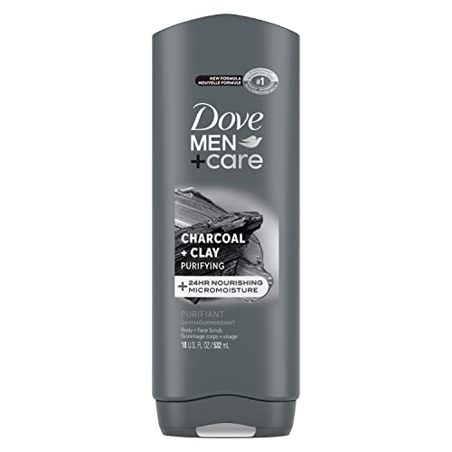 DOVE MEN + CARE Elements Body Wash Charcoal + Clay, Effectively Washes Away Bacteria While Nourishing Your Skin, Gray, 18 Fl Oz