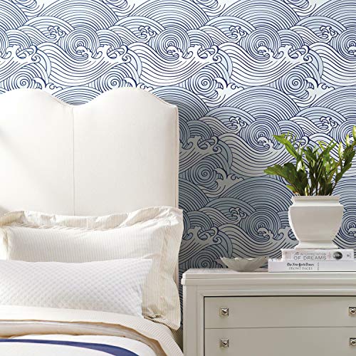 RoomMates RMK11900RL Blue and White Asian Waves Peel and Stick Wallpaper, Sample