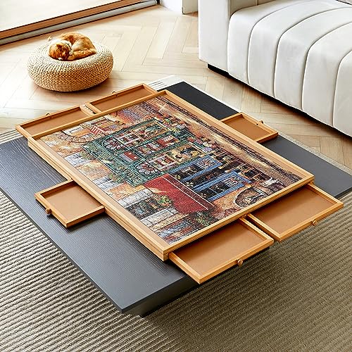 ENERIDIO Wooden Puzzle Table with 6 Drawers and Cover, Adult Portable Puzzle Board, 34 'x 26' Lazy Susan Rotating Puzzle Table, Used for Puzzle Storage and Sorting, can Hold 1500 Pieces