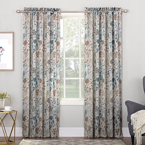 Sun Zero Kara Floral Print Energy Efficient Rod Pocket Single Curtain Panel, 54' x 84', Stone