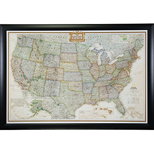 Craig Frames Wayfarer, Executive United States Push Pin Travel Map, Contemporary Wide Black Satin Frame and Pins, 24 by 36-Inch
