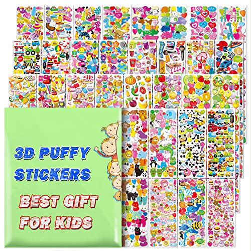 sinceroduct Stickers for Kids, 3D Puffy Stickers, 64 Different Sheets, 3200+ Cute Stickers, Including Animals, Cars, Airplane, Food, Letters, Flowers, Pets, Cakes and Tons More