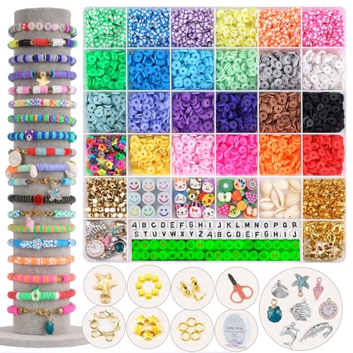 FZIIVQU 6100Pcs Clay Beads Bracelet Making Kit for Girls 24 Colors Friendship Bracelet Beads Kit with Letter Beads Polymer Heishi Bead for Jewelry Making