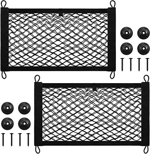 2 Pieces Stretchable Small Cargo Net Pocket Storage Mesh Net Elastic Automotive Cargo Nets Storage Pouch with 8 Pieces Mounting Screws and Hooks for Truck Car SUV Boats(17.7 x 9.8 Inches)