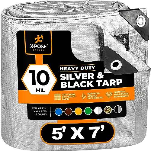Heavy Duty Poly Tarp - 5' X 7' -10 Mil Thick Waterproof, UV Blocking Protective Cover - Reversible Silver and Black - Laminated Coating - Grommets - by Xpose Safety