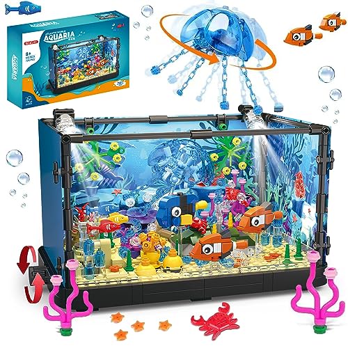 WinGift 725 Piece Fish Tank Building Block Set with LED Light - Movable Aquarium Building Toy for Adults and Kids,Including Ocean Jellyfish,Crab,Fish,Animal Building Toys,Easter Gift for Kids Age 8-14