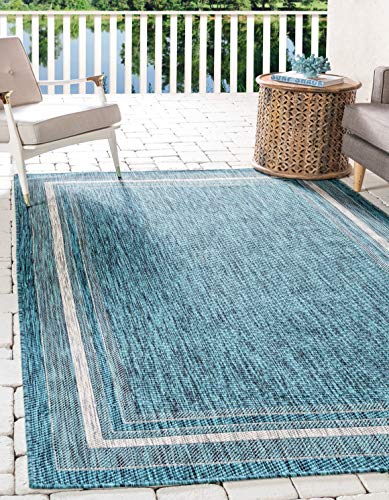 Unique Loom Outdoor Border Collection Area Rug - Soft Border (8'x 11' 4' Rectangle, Teal/ Ivory)