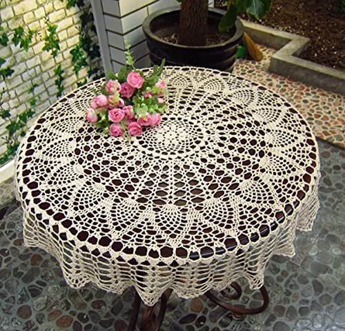 ourhommie Vintage Crochet Tablecloth Lace Doilies Handmade 100% Cotton Round Lace Floral Table Covers Table Topper for Home Wedding Party Decoration, Beige, 33-Inch