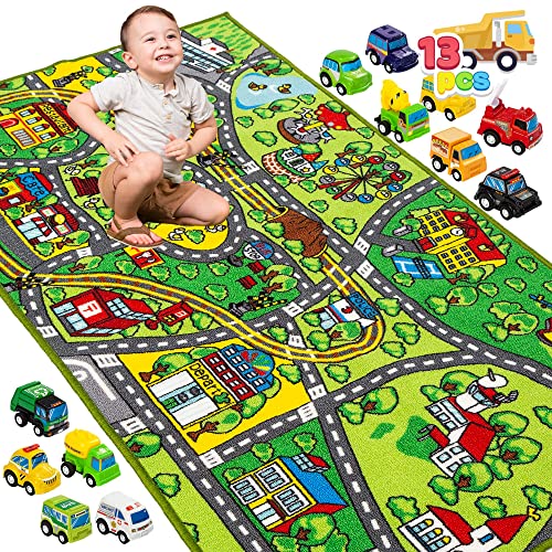 JOYIN Carpet Playmat w/ 12 Cars Pull-Back Vehicle Set for Kids Age 3+, Jumbo Play Room Rug, City Pretend Play
