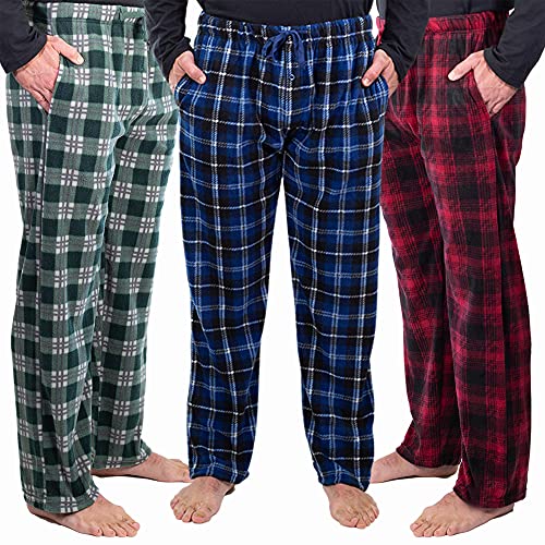 DG Hill (3 Pairs) Mens PJ Pajama Pants Bottoms Fleece Lounge Sleepwear Plaid PJs with Pockets Pants (Red, Blue & Green), Multicolor, Large: 33-35' waist