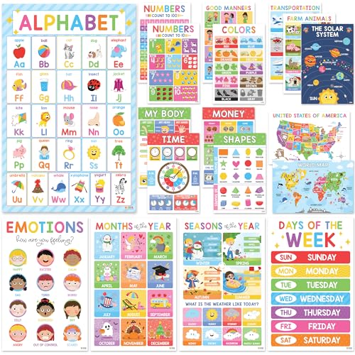 BEAWART 18 Educational Posters For Toddlers - Laminated Learning Posters For Kids Ages 3-5, Abc Charts Alphabet Poster, Preschool Prek Homeschool Supplies