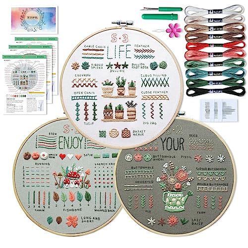 ETSPIL 3 Sets Embroidery kit for Beginners Adults，Learn 33 Different Stitches DIY Kits ，Includes Stamped Flower Pattern, Hoop, Color Threads,Tools,Easy to Follow Instruction & Video… (Simple B)