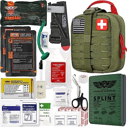 EVERLIT Advanced Emergency Trauma Kit, CAT GEN-7 Tourniquet Mil-Spec Nylon Laser Cut Pouch with 36' Splint, Military Combat Tactical IFAK for First Aid Response Bleeding Control (OD Green)