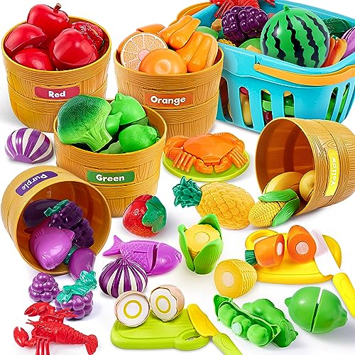 JOYIN Color Sorting Play Food Set - Learning Toys for Boys & Girls, Cutting Food Toy, Kitchen Accessories for Kids, Toddler Sorting /Fine Motor Skills Toy, Daycare/Preschool Educational Toys