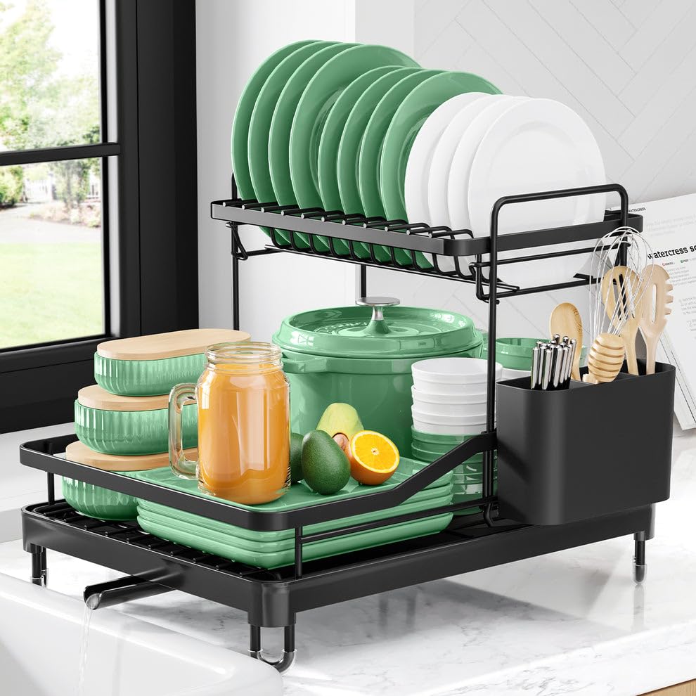 Kitsure Dish Drying Rack - Dish Racks for Kitchen Counter, 2-Tier Dish Rack w/a Cutlery Holder, Compact Dish Drainers for Kitchen Counter, Stainless Drying Rack for Kitchen,Black