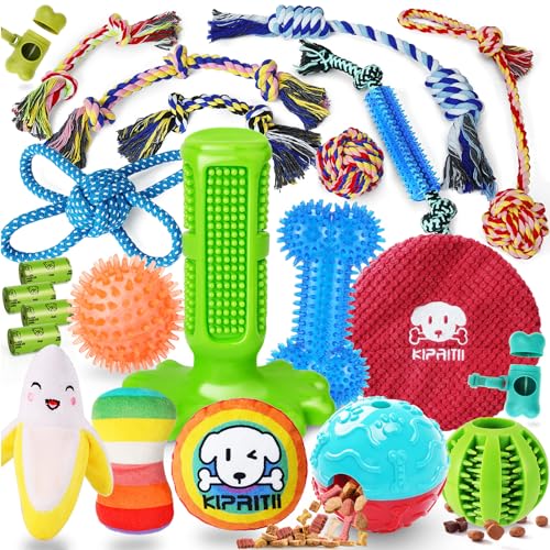 KIPRITII Dog Chew Toys for Puppy - 23 Pack Puppies Teething Chew Toys for Boredom, Pet Dog Toothbrush Chew Toys with Rope Toys, Treat Balls and Dog Squeaky Toy for Puppy and Small Dogs