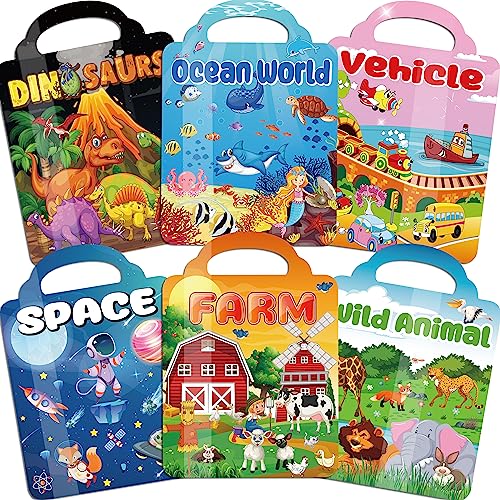 Kalysky 6Set Puffy Sticker Books for Kids 2-4, 3D Reusable Stickers Books for Toddlers 1-3,2-4,Farm+Animal+Dinosaurs+Ocean World+Space+Vehicle