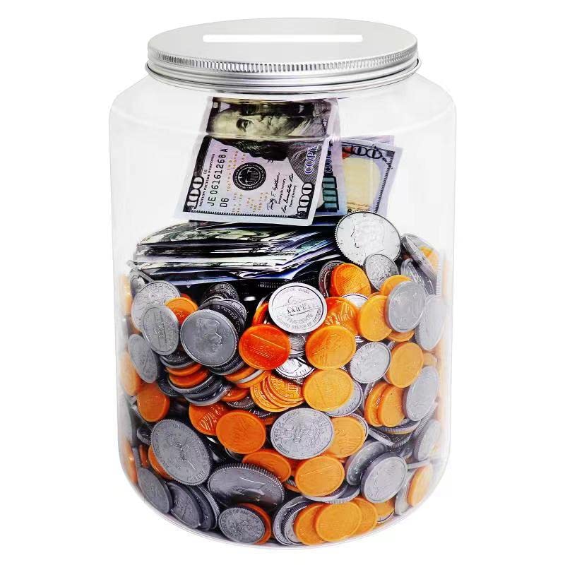 Yamahiko Large Clear Coin Bank Jar with Slotted Lid, 1 Gallon Plastic Money Tip Change Savings Coin Jar for Coin or Raffle Ticket, Big Clear Money Coin Tip Piggy Change Bank Box for Adults Teens