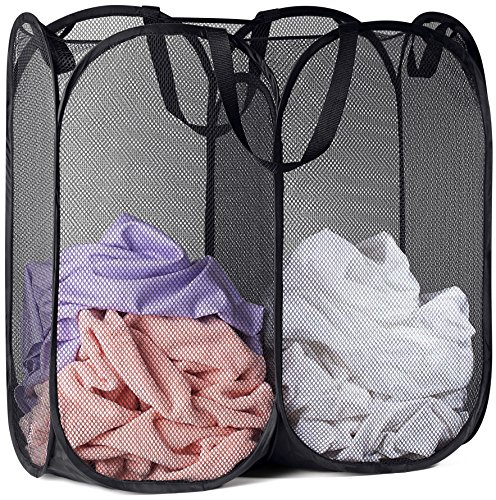 Handy Laundry Mesh Popup Hamper - Two Compartments, Collapsible for Storage and Easy to Open. Folding Pop-Up Clothes are Great for The Kids Room, College Dorm or Travel. (Black)