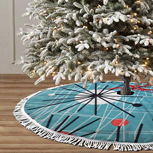 Christmas Tree Skirt 36' Inch Mid-Century Modern Partten Xmas Tree Skirt Mat with White Tassel for Party Holiday, Tree Skirt Christmas Decorations