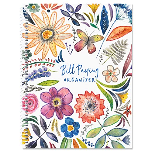 Embroidered Florals Bill Paying Organizer Book - Personal Account book, 9' by 12 inch, Spiral-Bound, 14 Pockets, 32 Label Stickers, Bill Tracking